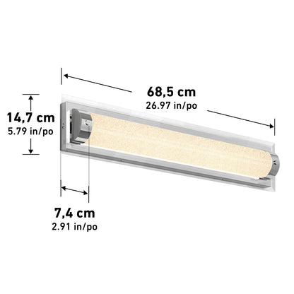 The Artika Glamour LED bathroom vanity light 3 CCT is a rectangular, wall-mounted fixture measuring 68.5 cm wide, 14.7 cm tall, and 7.4 cm deep with metallic ends and a warm glow.