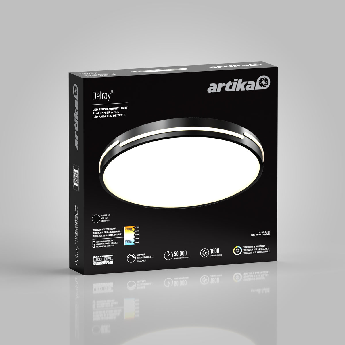 The image shows a black retail box for the Artika Delray 15.7 in. LED modern flush mount light 5 CCT, featuring an image of the round fixture along with energy, brightness details, and product features on the front.