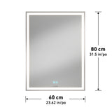 A rectangular LED bathroom mirror with a light strip around the edge, measuring 80 cm (31.5 in) high and 60 cm (23.62 in) wide. Two touch control icons are visible near the bottom center.