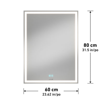 The Artika Aurea anti fog LED wall mirror features built-in edge lighting, measures 80 cm x 60 cm (31.5 in x 23.62 in), and includes two touch buttons at the bottom center.