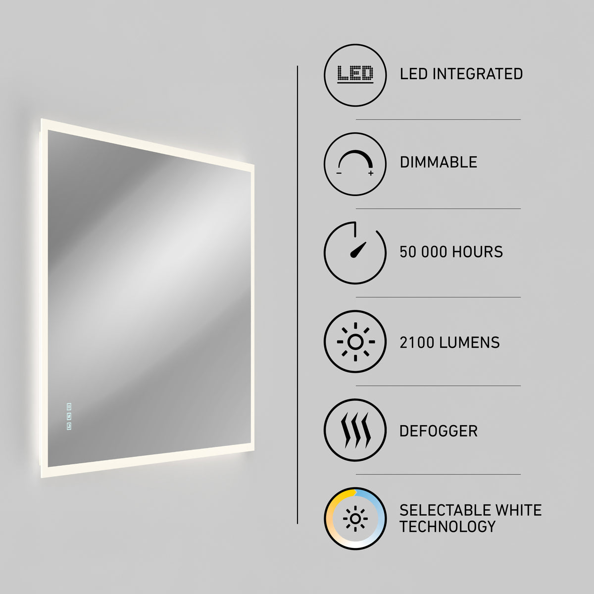 The Artika Mavis 48" x 36" Rectangular LED Mirror is shown beside icons and text featuring its dimmable LED, 50,000-hour lifespan, 2100 lumens, defogger, and selectable 3CCT white technology.