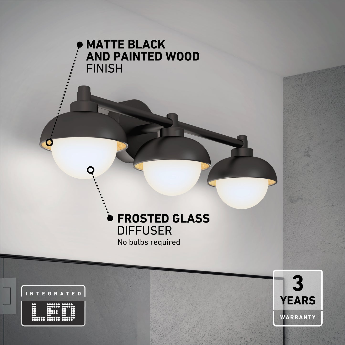 The Artika Boden LED mid-century bathroom vanity light 5 CCT features a matte black and painted wood finish, frosted glass diffusers, integrated LED lighting, and comes with a 3-year warranty—perfect above a bathroom mirror.