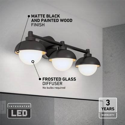 The Artika Boden LED mid-century bathroom vanity light 5 CCT features a matte black and painted wood finish, frosted glass diffusers, integrated LED lighting, and comes with a 3-year warranty—perfect above a bathroom mirror.
