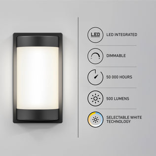 Artika Fogo LED wall light: 5 CCT, dimmable, 500 lumens, 50,000-hour life—modern style for indoor/outdoor use.
