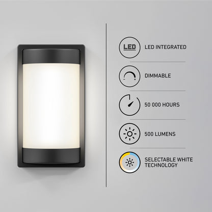 Artika Fogo LED wall light: 5 CCT, dimmable, 500 lumens, 50,000-hour life—modern style for indoor/outdoor use.