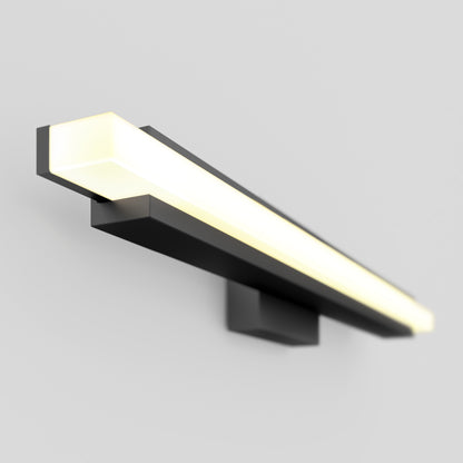 The Artika Ophelia modern LED bathroom vanity light 5 CCT features a rectangular, wall-mounted design with a black base and glowing white bar, shown against a plain, light gray background.