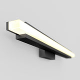 A modern, rectangular wall-mounted LED light fixture with a black base and a long, glowing white panel, set against a plain light gray background.