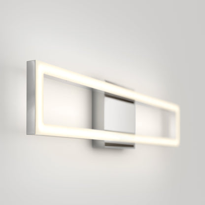 The Artika-CAN-dev Dover modern LED bathroom vanity light 5 CCT features a sleek metal frame and emits a soft, even glow, perfectly mounted on a plain white wall.