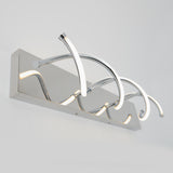 A modern wall light fixture with a rectangular chrome base and three curved LED arms, creating a sleek and contemporary design against a plain white background.