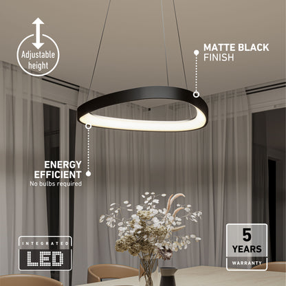 The Bjorn modern LED pendant light by Artika hangs above a dining table with flowers. It features adjustable height, a matte black finish, energy-efficient integrated LED with 5 CCT options, and includes a 5-year warranty.