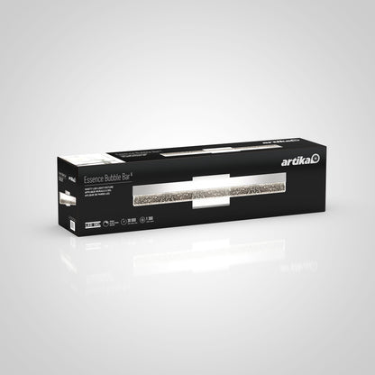 A black box of the Artika Essence Bubble Bar LED bathroom vanity light displays a fixture image and product details on a light grey gradient background.