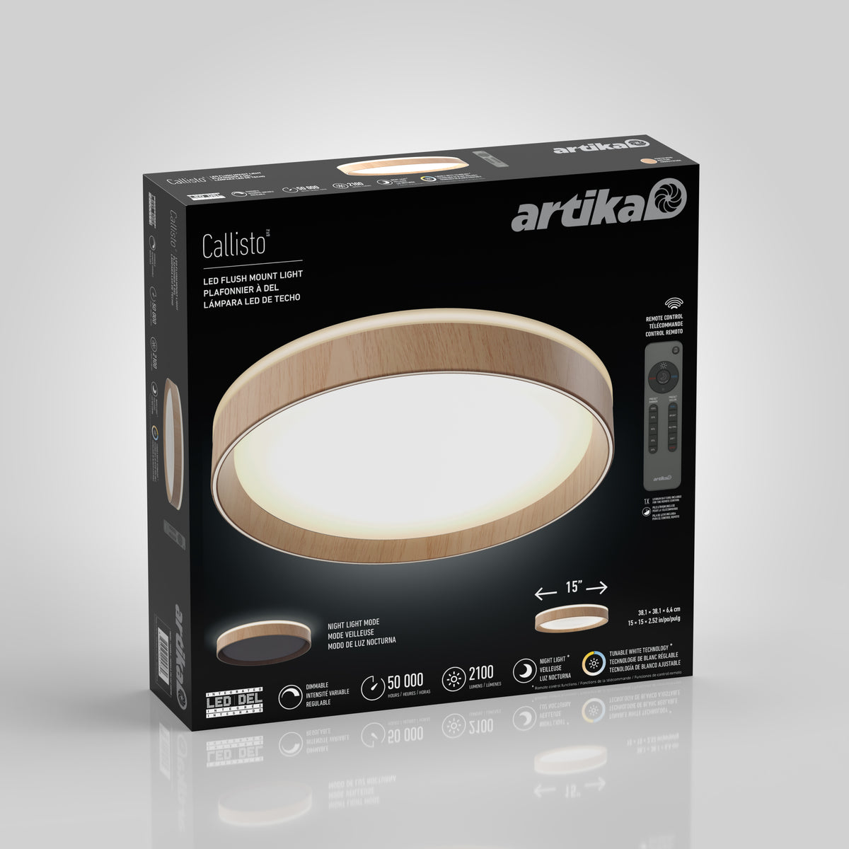 Box for an Artika Callisto LED flushmount ceiling light, featuring an image of the round light with a wood finish, remote control, and product specifications on the black packaging.