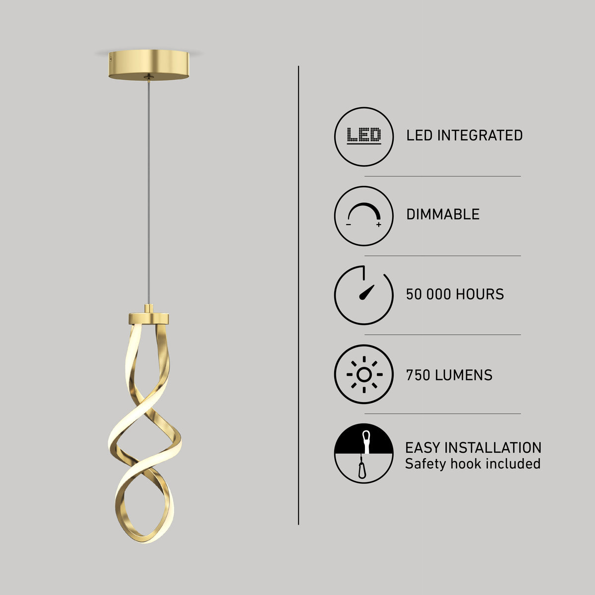 A gold, twisted modern pendant light hangs from the ceiling. Next to it, icons indicate features: LED integrated, dimmable, 50,000 hours lifespan, 750 lumens, and easy installation with safety hook included.