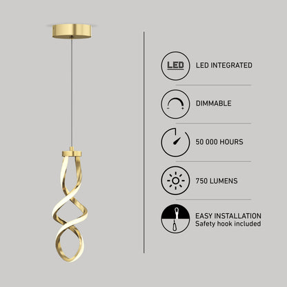 A gold, twisted modern pendant light hangs from the ceiling. Next to it, icons indicate features: LED integrated, dimmable, 50,000 hours lifespan, 750 lumens, and easy installation with safety hook included.