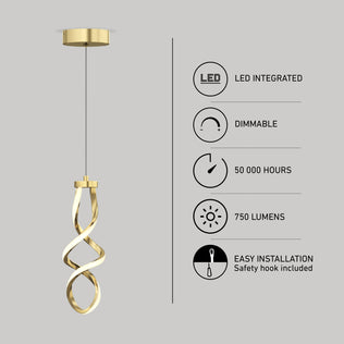 The Artika Mini Swirl LED pendant light hangs from the ceiling. On the right, icons show its features: integrated LED, dimmable, 50,000-hour lifespan, 750 lumens brightness, and easy installation with a safety hook.