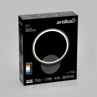 The packaging for Artika’s Solis modern LED indoor-outdoor wall light 5 CCT shows the circular fixture with a glowing ring on a black background, alongside product details in white text.