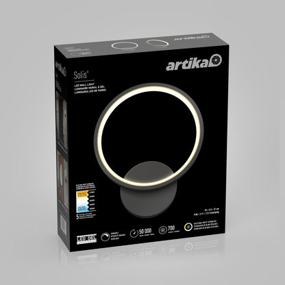 The packaging for Artika’s Solis modern LED indoor-outdoor wall light 5 CCT shows the circular fixture with a glowing ring on a black background, alongside product details in white text.