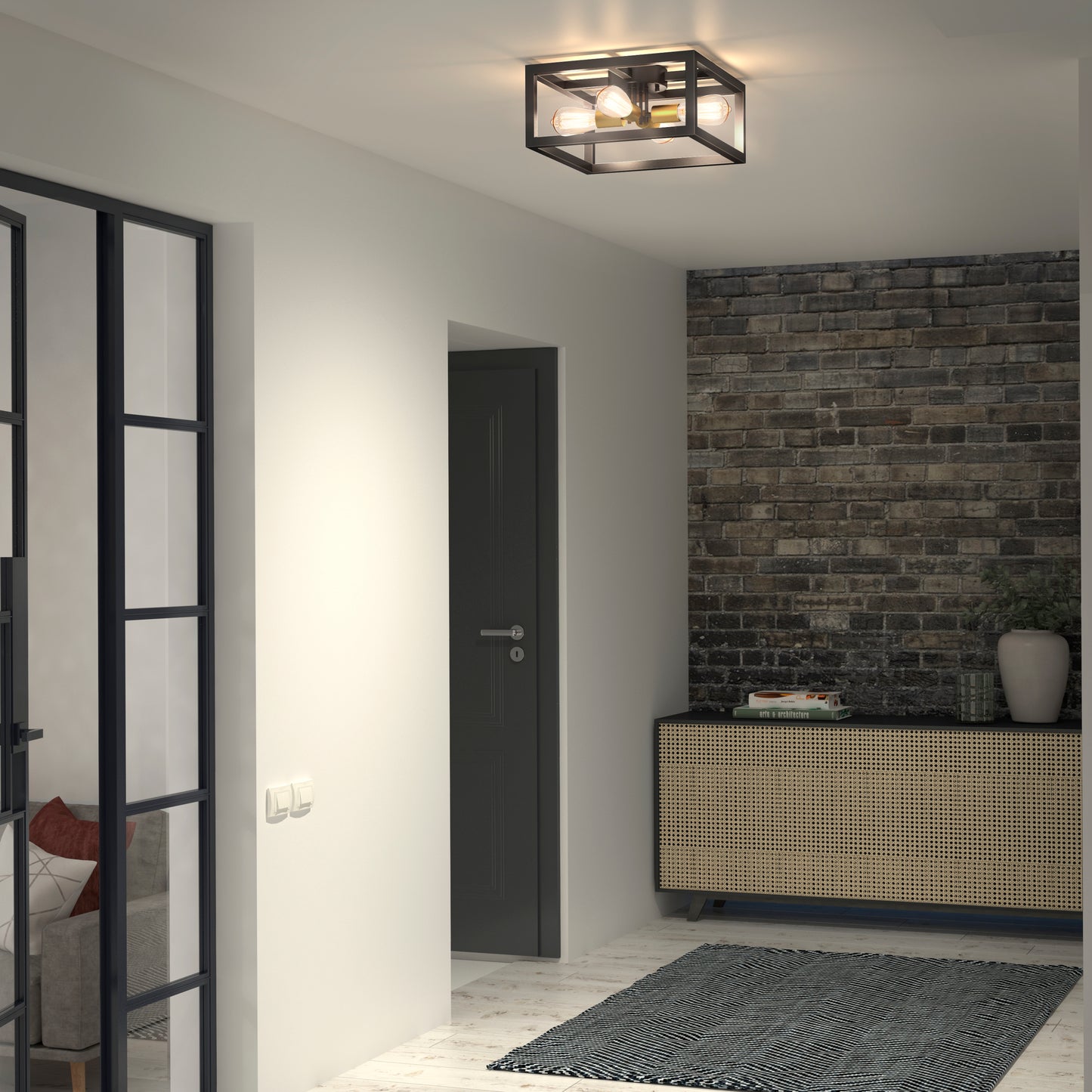 A modern hallway with light walls, a black-framed glass door, a dark door, a console table with a plant and books, a dark brick accent wall, and an Artika Princeton 4-light flush mount ceiling light.