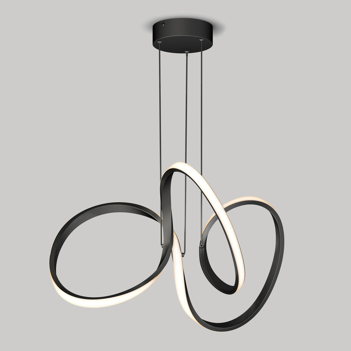 Modern black pendant light fixture with three intertwined, curved LED loops hanging from a round ceiling mount against a plain gray background. The loops emit a soft white glow.