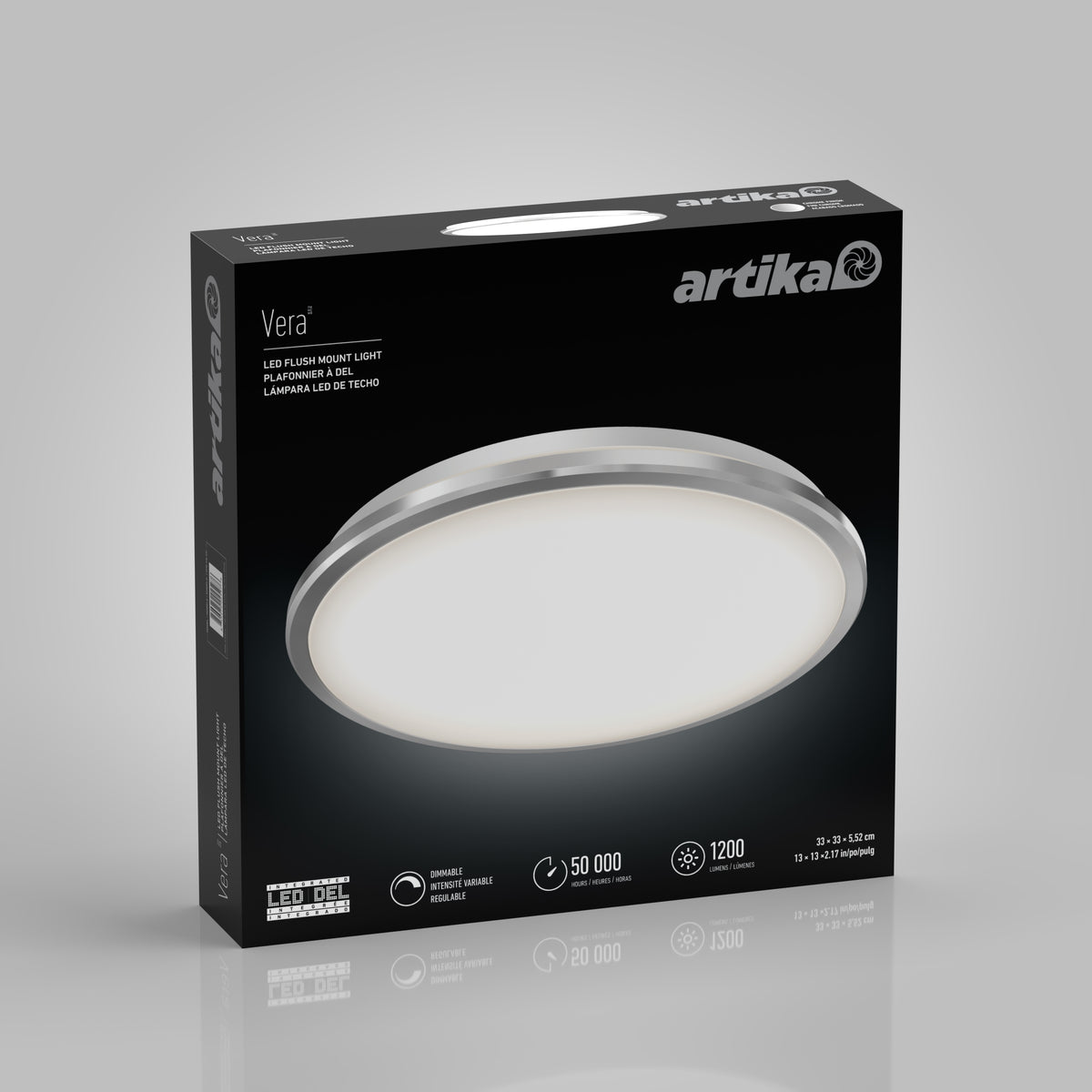 Black Artika product box displaying a round LED flush mount ceiling light named Vera. The box highlights features like 50,000-hour lifespan, 1200 lumens, dimmable, and energy-efficient LED.