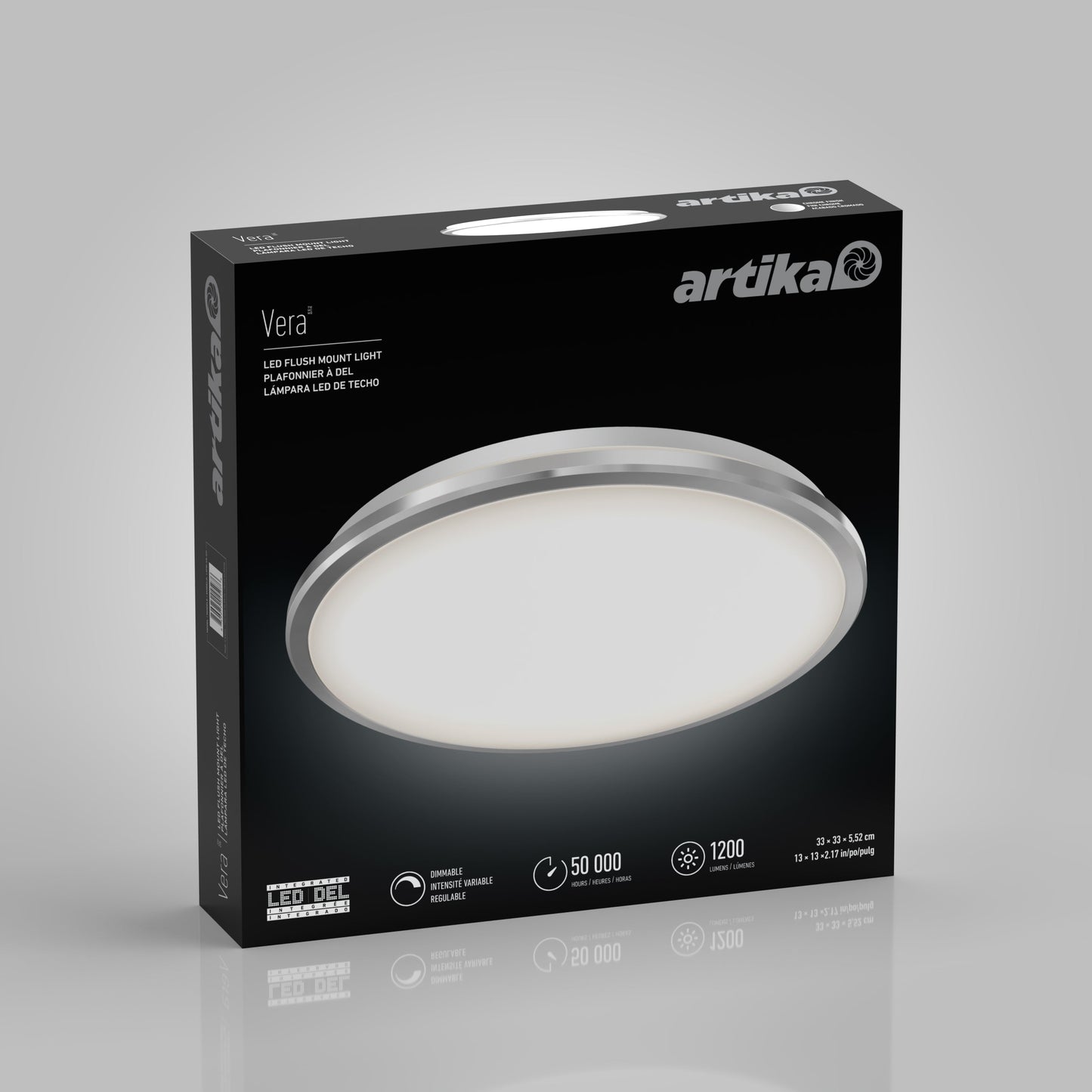 A box for the Artika-CAN-dev Vera 13 in. LED modern flush mount light, showing the round fixture on a black background with brightness, lifespan, and energy specs featured on the front—perfect for contemporary living rooms.