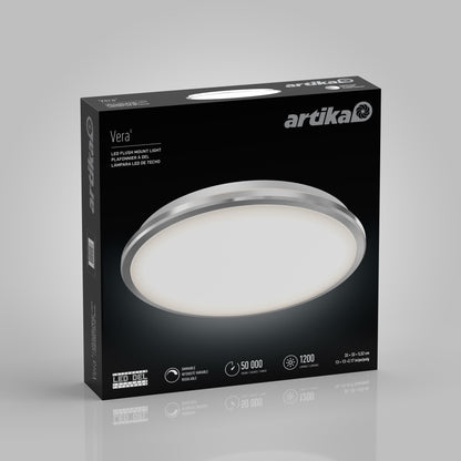 A box for the Artika-CAN-dev Vera 13 in. LED modern flush mount light, showing the round fixture on a black background with brightness, lifespan, and energy specs featured on the front—perfect for contemporary living rooms.