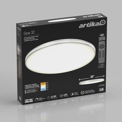 Artika GLOW 30 in. LED Flush Mount Ceiling Light, 5 CCT, with remote, comes in black packaging.