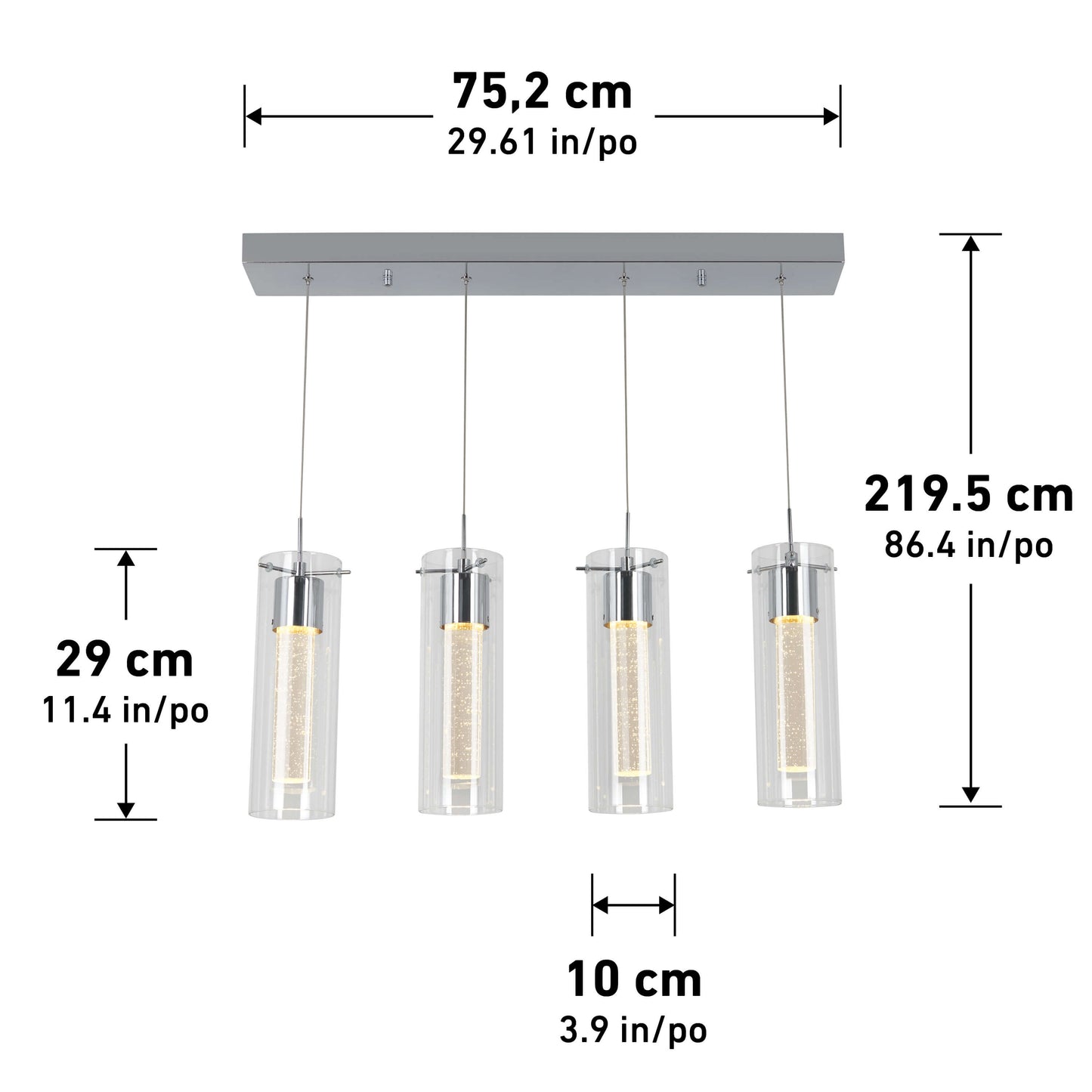 The Artika Essence 4-light LED pendant features four cylindrical lights on a rectangular mount. Dimensions: width 75.2 cm (29.6), length 219.5 cm (86.4), pendant height 29 cm (11.4), and pendant diameter 10 cm (3.9).