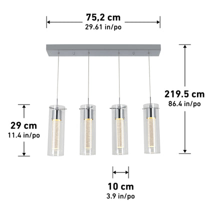 The Artika Essence 4-light LED pendant features four cylindrical lights on a rectangular mount. Dimensions: width 75.2 cm (29.6), length 219.5 cm (86.4), pendant height 29 cm (11.4), and pendant diameter 10 cm (3.9).