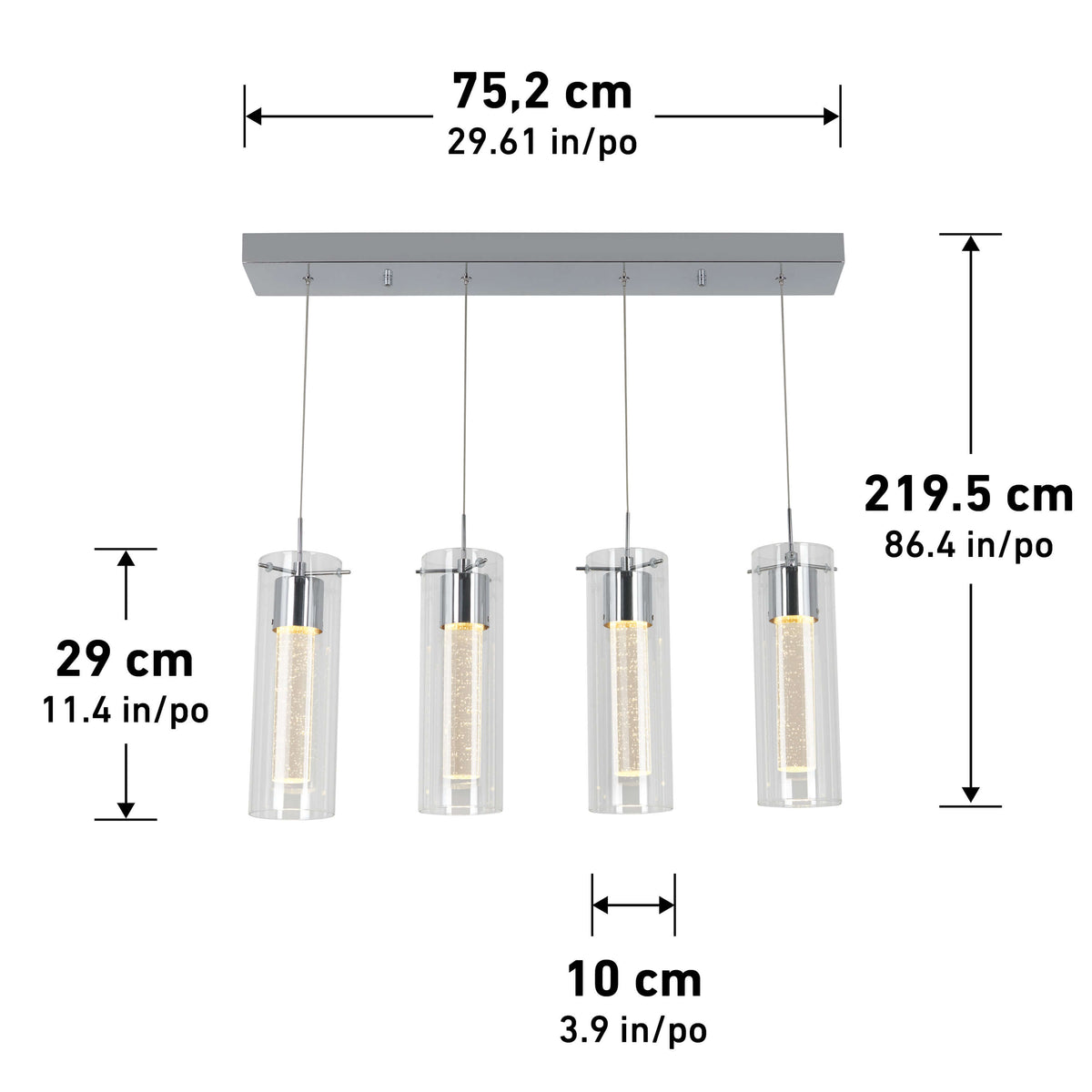 The Artika Essence 4-light LED pendant is a modern fixture with four glass cylinders suspended from a rectangular metal base. Width, height, and diameter are shown in both centimeters and inches for each component.