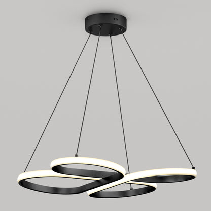 A modern black pendant light fixture with three overlapping oval LED rings hanging from a round ceiling mount by four thin cables, set against a plain light gray background.