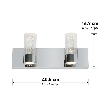 Artika Ratio 2-light LED bathroom vanity light features a rectangular chrome finish and two cylindrical bubble glass shades. Dimensions: 16.7 cm (6.57 in) high x 40.5 cm (15.94 in) wide.
