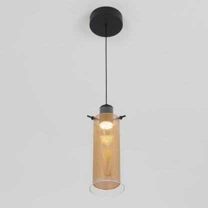 The Artika Oxion 1-light LED pendant features a black ceiling mount and a cylindrical, perforated gold metal shade suspended from a black cord, casting soft light against a white background.