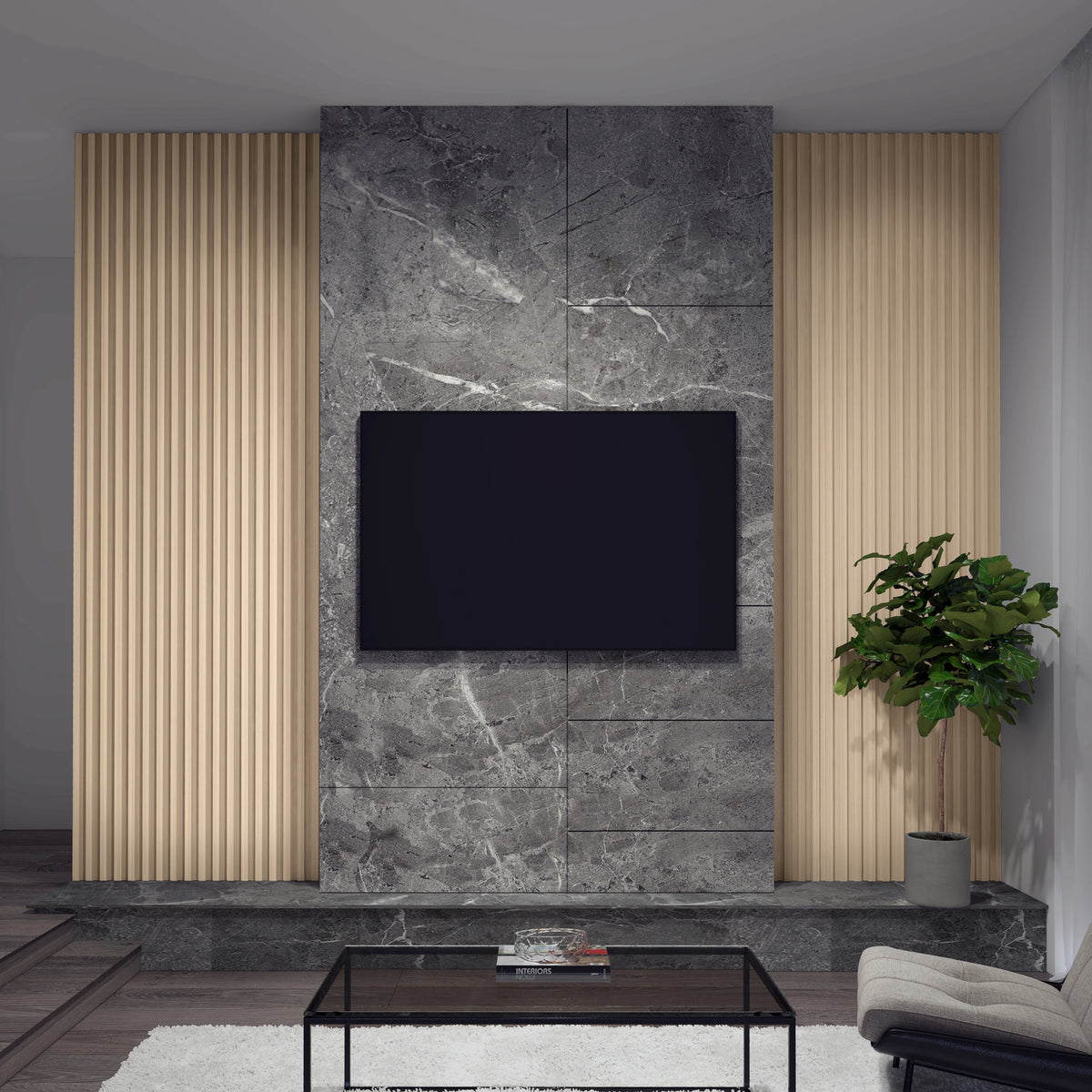 A modern living room features a wall-mounted TV on a gray marble accent wall, flanked by vertical wooden panels. A potted plant sits to the right, and a glass coffee table is in front of a light rug and sofa.