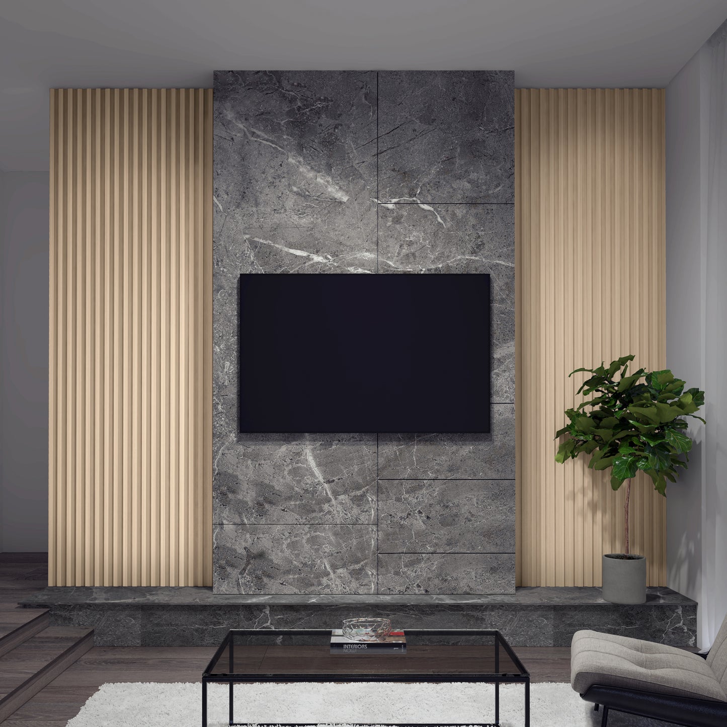 A modern living room features an Artika Panolok 30.67 ft wall panel kit (pack of 8) as a gray marble accent wall with a wall-mounted TV, vertical wooden panels, a green potted plant on the right, and a glass coffee table in front.
