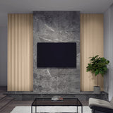 A modern living room features a wall-mounted TV on a gray marble accent wall, flanked by vertical wooden panels. A potted plant sits to the right, and a glass coffee table is in front of a light rug and sofa.