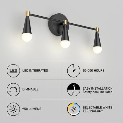 Artika Wayden 21-in (53 cm) Integrated LED 3-CCT Vanity Light with black cones, gold accents, and icons detailing adjustable color features.