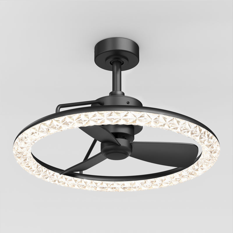 The Artika Carat 23" LED Modern Ceiling Fan has three black blades and a crystal-like light ring, plus remote control.