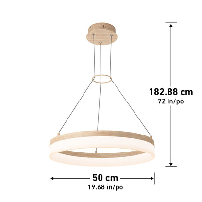 The Artika Optical LED pendant light 3 CCT features a modern circular design with a wood finish, suspended by three cables. It measures 50 cm (19.68 in) in diameter and offers a max hanging length of 182.88 cm (72 in).
