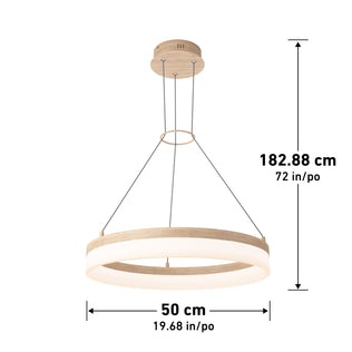 The Artika Optical LED pendant light 3 CCT features a modern circular design with a wood finish, hung by three cables from a round mount. Diameter: 50 cm (19.68 in). Max hanging length: 182.88 cm (72 in)—perfect for minimalist spaces.