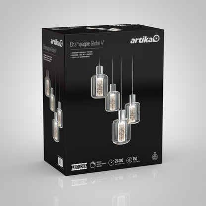 Artika’s Champagne Globe 4-light LED pendant comes in black box packaging, featuring images of the four glass globe lights with champagne interiors, product details, and icons for LED, lifespan, wattage, and brightness.