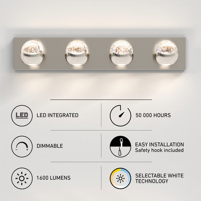 The Artika Oracle 4 Light LED bathroom vanity features a brushed metal base, 1600 lumens, selectable white technology, integrated LEDs with 50,000-hour lifespan, dimmable function, and easy installation.