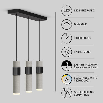 The Artika Barden 3-light LED pendant features three cylindrical gray lights on a black base. Its dimmable, sloped ceiling compatible, offers selectable white, 50,000-hour life, 1750 lumens brightness, and easy installation.