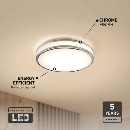 The Artika Hemisphere 15 in. LED flush mount light features a chrome finish, adjustable brightness, and energy-efficient design (no bulbs required). Ceiling-mounted with 5 CCT options and backed by a 5-year warranty—perfect for any modern bathroom.