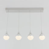 A modern ceiling light fixture with four teardrop-shaped, chrome-finished pendant lights hanging in a row from a rectangular base against a white background.