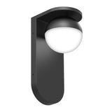 A modern black wall-mounted outdoor light fixture with a rounded base and a spherical white glass shade. The minimalist design features smooth lines and a matte finish.