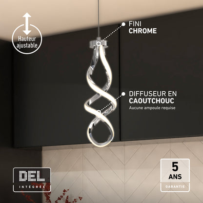 Artika Mini Swirl LED pendant light featuring a spiral-shaped design, chrome finish, adjustable height, and integrated LED technology.