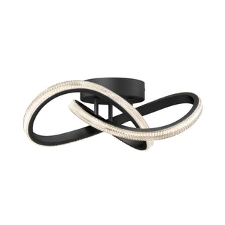 The Artika Morgan modern LED flush mount light 5 CCT features two intertwined curved LED strips with a textured exterior, a black circular base, and provides soft white light.