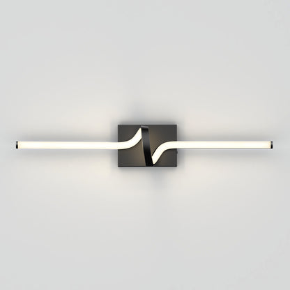 The Artika Bowtie modern LED bathroom vanity light 5 CCT features a black square base and a wavy, horizontal white light bar extending from both sides, shown wall-mounted against a plain light gray background.