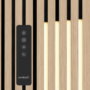 Artika Lumilok LED Wall Panel Light for Sonolok, with black gaps, remote control, and Artika logo on the lower left.